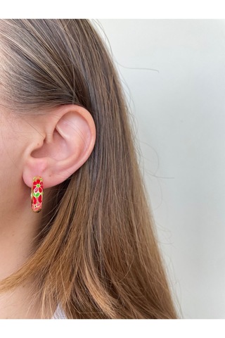 Renkli Kırmızı Çiçek Desenli Gold Kararmaz Çelik Halka Küpe Gold