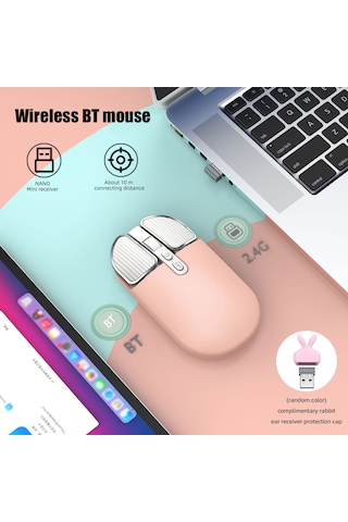 Geeksen Kablosuz Fare T600 - 2.4g/bt5.1 Çift Bağlantı, Sessiz Tasarım, Şarj Edilebilir 500mah Pil, Pembe 112 Karakter Diğer