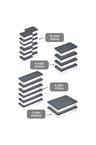 Meleni Home 24 Parça Mikrodalga Uyumlu Saklama Kabı 2x2400 ML 4x1200 ML 6x1170 ML 12x600 ML Antrasit