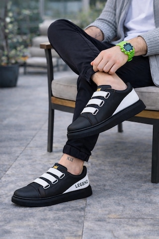 Mevese Mirox Erkek Bağcıksız 3 Bant Lastikli Günlük Sneaker Ayakkabı - Siyah Beyaz Siyah Siyah