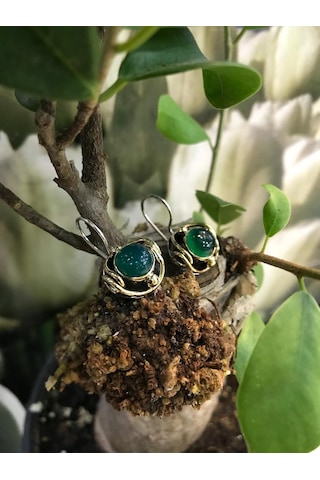 Gumusevi Yeşil Akik Taşlı Gümüş Küpe 925 Ayar El Işi N11.96536