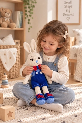 El Yapımı Amigurumi Tavşan Oyuncak Mavi Tulumlu Kırmızı Papyonlu 48 Cm