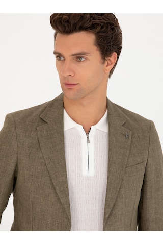 Cacharel Haki Slim Fit %100 Keten Ceket Yesıl
