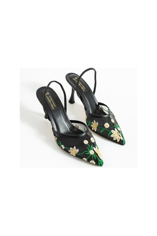 Lebibe Shoes Daısy Çiçek İşlemeli Tül Dokulu 7cm Bantlı Siyah Topuklu Ayakkabı