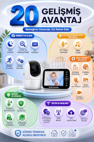 Bebek Kamerası Lcd Ekranlı 5'' İnç Gece Görüşlü Ninni Söyleyen Ağlama Sensörlü Bebek Odası Kamerası