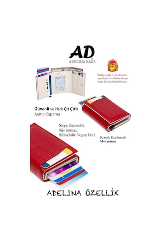 Adelina Bags Adelina Kırmızı Timsah Desenli Mekanizmalı Otomatik Kızaklı Kartl Pudra