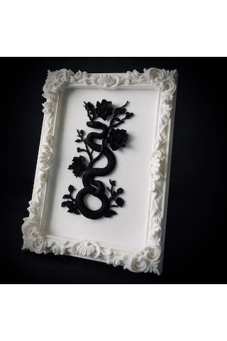 Eterna Yılan & Çiçek Rölyef Beyaz Tablo Varaklı Çerçeve 170mm X230mm
