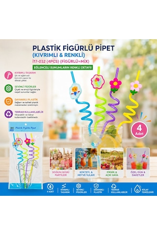 Kıvrımlı Renkli Plastik Pipet - Figürlü Tasarım - 4'lü Paket Diğer