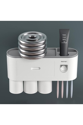 Gri Mengnı Duvara Monte Manyetik Diş Fırçası Tutucu Su Geçirmez Diş Macunu Sıkacağı Tuvalet Otomatik Dağıtıcı Banyo Aksesuarları 2 Bardak Gri