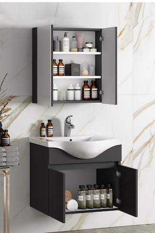 Yıldız 55 Cm Antrasit Gri Mdf Seramik Lavabolu Asma Banyo Dolabı Antrasit - Gri