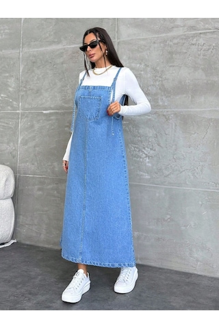 Shevega Kadın Uzun Mavi Bahçivan Askili Elbise Lacivert