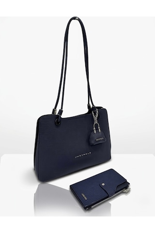 Just Polo Kadın Büyük Boy Premium Gümüş Logolu El Çantası Ve Cüzdanı Kombin Tote Bag Ebat : 22 X 34 Cm Lacivert Kombin