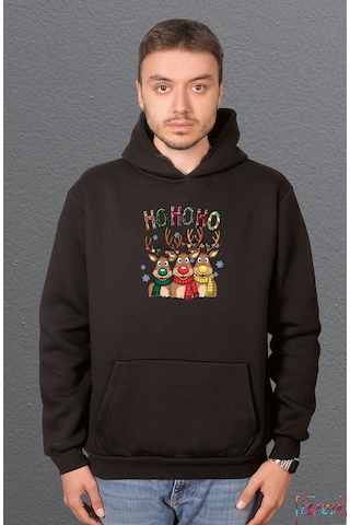 Bumeta Ho Ho Ho Noel Geyiği Yılbaşı Sweatshirt Unisex Kapüşonlu Hoodie Siyah