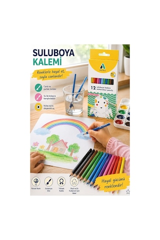 Aquarel Suluboya Kalemi 12 Renk 1 Paket Adel Karton Kutu Sulu Boya Kalemi 12 Li Fırça Hediyeli Sanatsal Kaliteli Çok Renkli