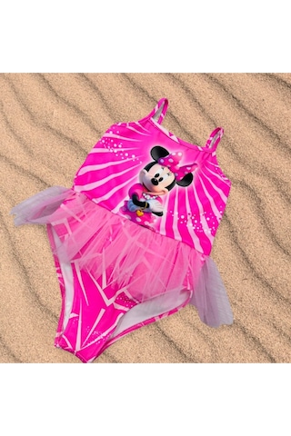 Lolliboomkids Kız Çocuk Balerin Mickey Kalp Kolye Baskılı Mayo Uçuk Pembe Renk Tül Tütü Detaylı Son Sezon Pembe