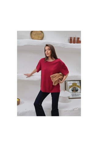 Paw Garage Kadın Mia İnterlok Kumaş Bisiklet Yaka Oversize T-shirt Bordo