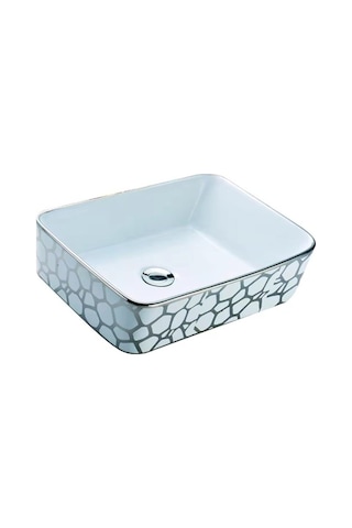 Yuen Banyo Lavabosu Tezgah Üstü Çanak Banyo Lavabosu Doğal Taş Gümüş Desenli 48x37x14 Ölçülerinde Krom