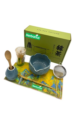 Herbarius 8 Parça Lotus Desenli Çiçek Formlu Benekli Turkuaz Mavisi Renk Matcha Çayı Hazırlama Seti - Geleneksel Japon Matcha Seti