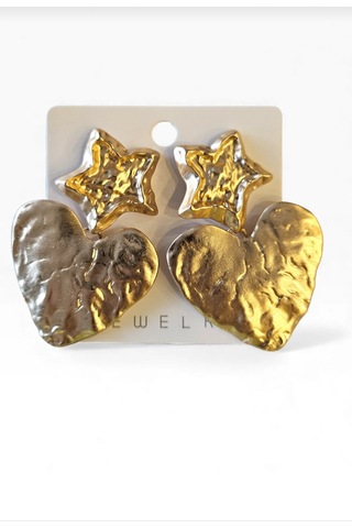 Yıldız Ve Kalp Detaylı Gold Küpe Altın