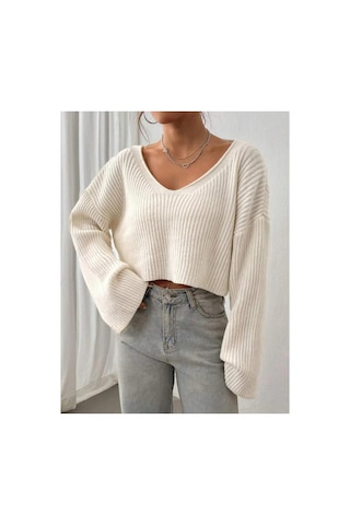 Samin Kadın Oversize V Yaka Triko Crop Kazak Krem - 660238741 Krem