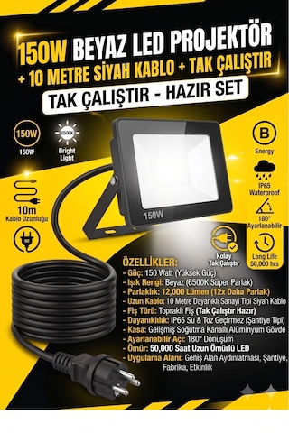 10 Metre Kablolu 150 Watt Seyyar Led Projektör Aydınlatma. Seyyar Aydınlatma Su Geçirmez Dış Mekan Ip66,beyaz Çok Güçlü Işık