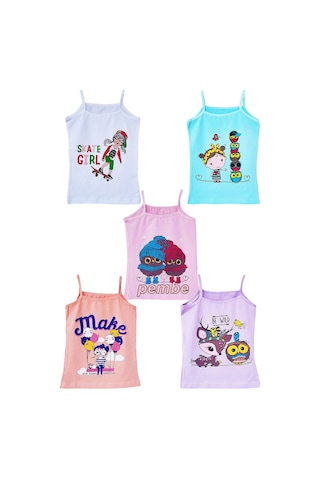 5li Kız Çocuk İp Askılı Atlet Pamuklu Baskılı Rengarenk Kaliteli