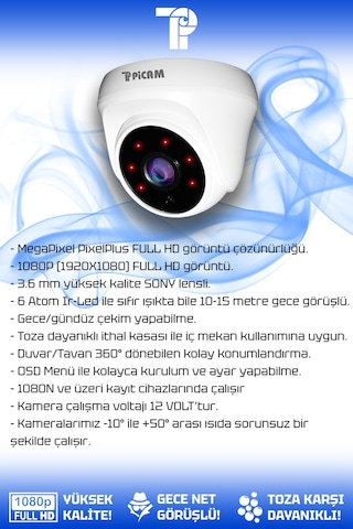 Picam 6 Kameralı Kare 2 İç Kamera Set 500 GB HDD Full HD Gece Görüşlü Güvenlik Kamerası Sistemi