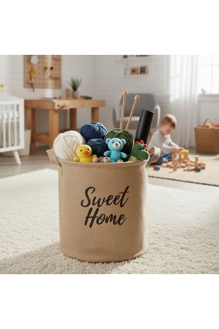 Lexroo "sweet Home" Yuvarlak Jüt Düzenleyici Sepet Krem Renk Katlanabilir Kumaş Kulplu Organizer