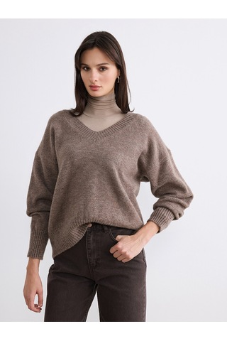 Lcw Vision Bej V Yaka Oversize Kadın Triko Kazak