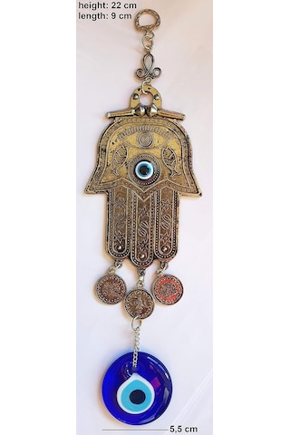 Fatma Eli - Hamsa Metal Duvar Süsü Cam Nazarlık Sallantılı 21x6cm