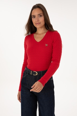 U.S. Polo Assn. Kadın Kırmızı V Yaka Basic Kazak 50307700-VR171