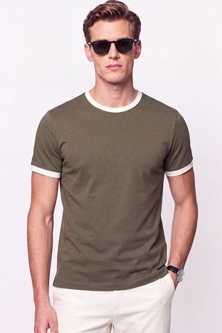 Efor Slim Fit Bisiklet Yaka Haki - Ekru Tişört Ts 932 Haki-ekru