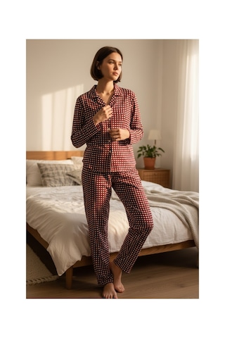 Feg Store Kadın Bordo Pötikare Desenli Süet Dokulu Yumuşak Kışlık Pijama Takımı