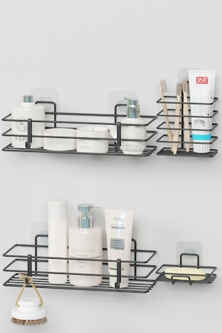 Zabata Yapışkanlı Banyo Seti Duş Rafı + Sabunluk + Diş Fırçalık Metal Set Siyah