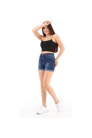 Cedy Denim Kadın Yüksek Bel Duble Paça Kot Şort Klasik Mini Jean Şort C604 Lacivert