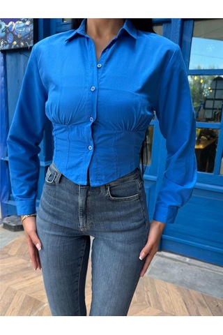 WeShaya Saks %100 Polyester Parçalı Desenli Gömlek Saks