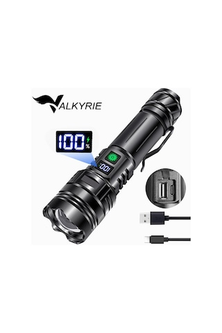 Valkyrie Profesyonel Şarjlı Led El Feneri Güçlü Avcı Feneri, Uzun Pil Ömrü, Dayanıklı Tasarımavcı Feneri Siyah