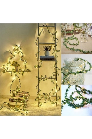 Tel Yaprak Şerit Yapay Taç Sarmaşık Süs 3mt 3mt Ledli Yeşil