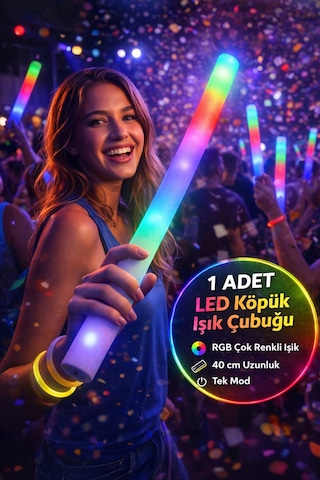 Led Köpük Işık Çubuğu 40 Cm Rgb Işıklı Parti Konser Düğün Doğum Günü Eğlence Cheer Stick Tek Mod Rgb 3+ Yaş