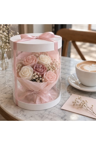 Mini Gül Mum Buketi Şeffaf Kutu 5'li Pembe