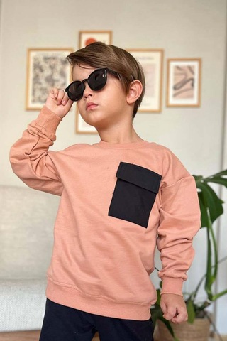 Riccotarz Erkek Çocuk Kapak Cepli Bisiklet Yaka Sweatshirt Somon Eşofman Takım
