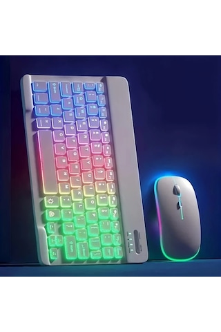 Honeybeeshop Beyaz Ultra İnce Arka Aydınlatmalı Kablosuz Klavye Fare Seti Şarj Edilebilir Type C Tablet Uyumlu Lazer