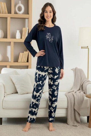 Pijamoni Kadın Milan Bisiklet Yaka Uzun Kol İnce Pijama Takımı 7600/22 - 1 Adet Lacivert