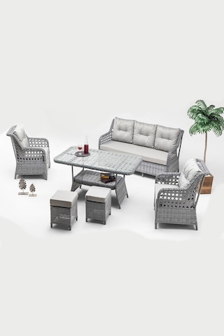 Eretna Bahçe Balkon Ve Teras Mobilyası Oturma Grubu Alüminyum Rattan 3+1+1+masa Koltuk Puf Seti 7 Kişilik Gri