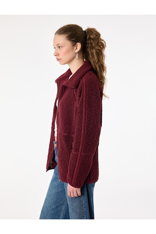 Koton Uzun Kollu Dik Yaka Cep Detaylı Fermuarlı Oversize Peluş Ceket Bordo 6wmg60028ık