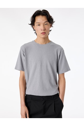Koton Kısa Kollu Dokulu Bisiklet Yaka Slim Fit Tişört Gri 6sam10098mk