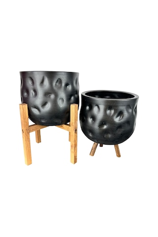 Bitki Tasarımı Ev Dekorasyon Aksesuar Siyah Desenli Toprak Saksı Saksılık Salon Çiçeklik İkili Set 4 Ayak -3 Ayaklı 19 Cm