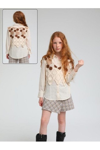 Kız Çocuk 2 Li Motifli Süveterli Tasarım Gömlek-13622 Bej