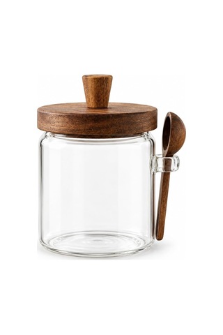 Borosilikat Cam Şekerlik, Ahşap Kapaklı Ve Akasya Kaşıklı Cam Kavanoz, Kaşık Tutuculu, 12 Cm Yükseklik X 10 Cm Çap Diğer