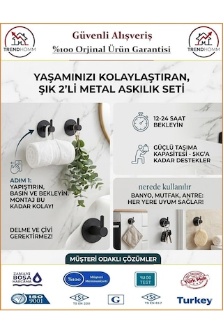 Trendhomm İkili Mutfak Banyo Havlu Askılığı - Yapışkanlı - Mat Siyah - 2 Adet